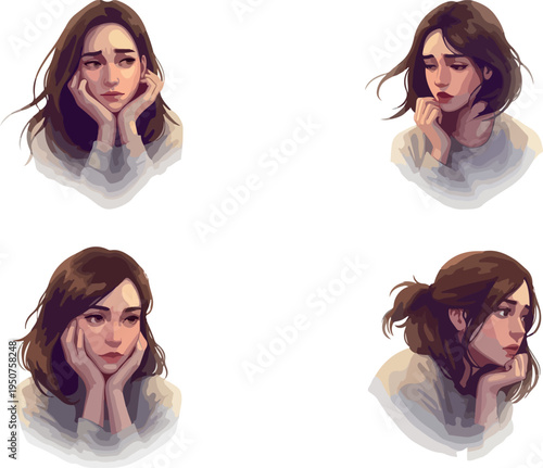 Pixel Art Sad Girl Expressions Set Neutral Background Flat Design