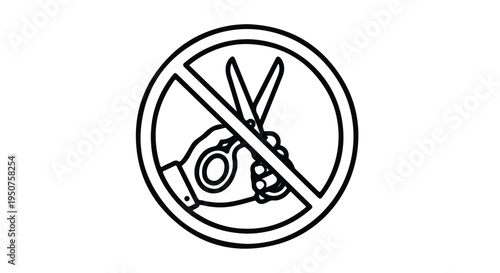 A black line drawing of a prohibited symbol featuring a pair of scissors cutting through a circular object on a white background.