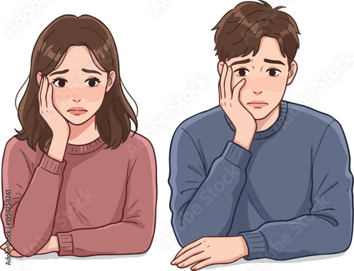 Pixel Art Sad Couple Leaning Heads On Hands Expressing Worry