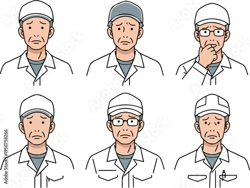 Pixel Art Factory Worker Faces Showing Various Emotions White Hat Gray Shirt
