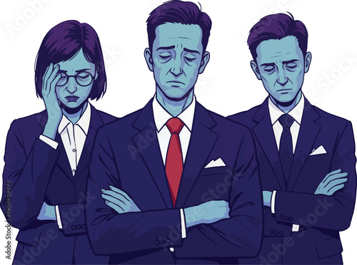 Pixel Art Sad Business Team Dark Blue Suits Red Tie Isolated