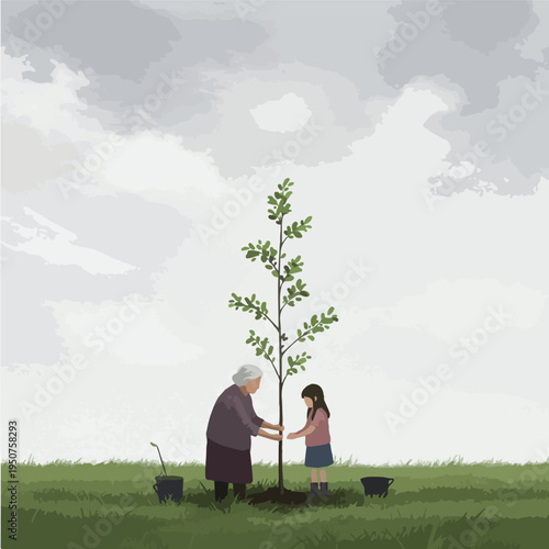 Pixel Art Family Planting Tree Outdoors Grey Cloudy Sky Green Grass