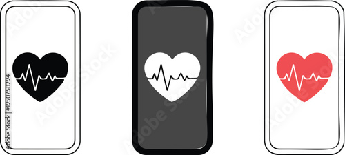 Minimalist Smartphone Illustration Set Showing Heart Health Monitoring Apps with EKG Lines in Black, White, and Red Screens