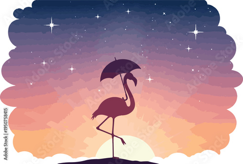 Pixel Art Flamingo Under Umbrella Sunset Gradient Sky Stars