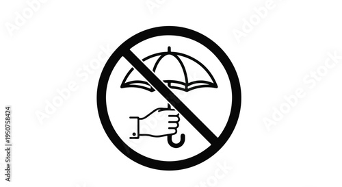 Black and white illustration of a prohibition sign featuring a hand holding an umbrella on a plain white background.