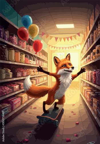 Pixel Art Fox Skateboard Balloons Celebration Aisle Warm Lighting