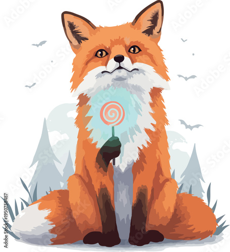 Pixel Art Fox Holding Swirl Lollipop Candy Against Snowy Forest Background