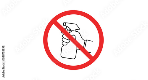 A graphic illustration of a hand holding a spray bottle with a red prohibition symbol overlaid on a white background.