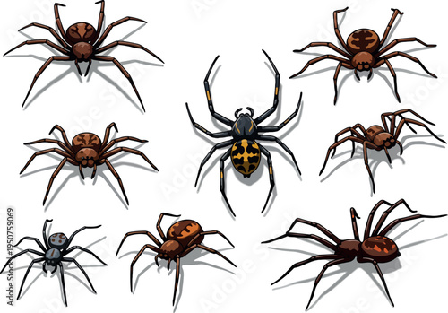 Pixel Art Spider Collection Brown Orange Black Isolated White Background