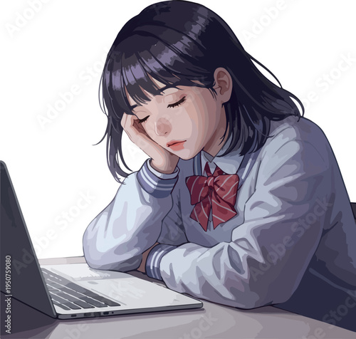Pixel Art Student Sleeping at Laptop White Background