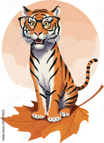 Pixel Art Tiger Wearing Glasses Sitting on Autumn Leaf with Soft Orange Background
