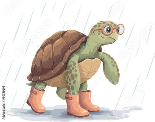 Pixel Art Turtle in Rain Boots and Glasses Walks Through Rain