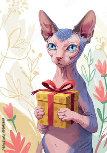 Sphynx Cat Holding Gift Yellow And Red Bow With Flowers Light Blue Background