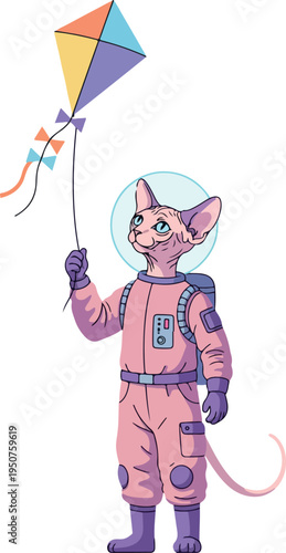 Sphynx Cat Astronaut Flying Kite Cosmic Adventure Pink Suit Light Blue Helmet