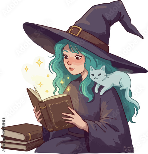 Pixel Art Witch Reading Spell Book with Cat on Shoulder