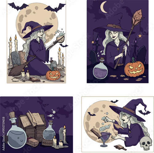 Pixel Art Witch With Potion Bottle And Pumpkin Halloween Night Scene