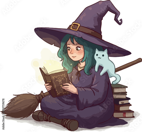 Pixel Art Witch Reading Book With Cat and Broomstick