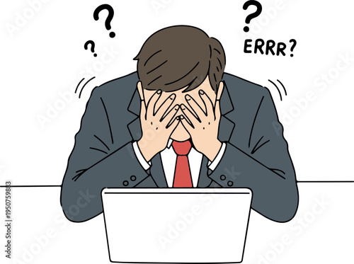 Stressed Businessman Hands Over Face Frustrated Working on Laptop Error