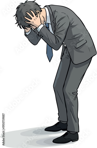 Stressed Businessman In Gray Suit Holding Head In Despair Shadow