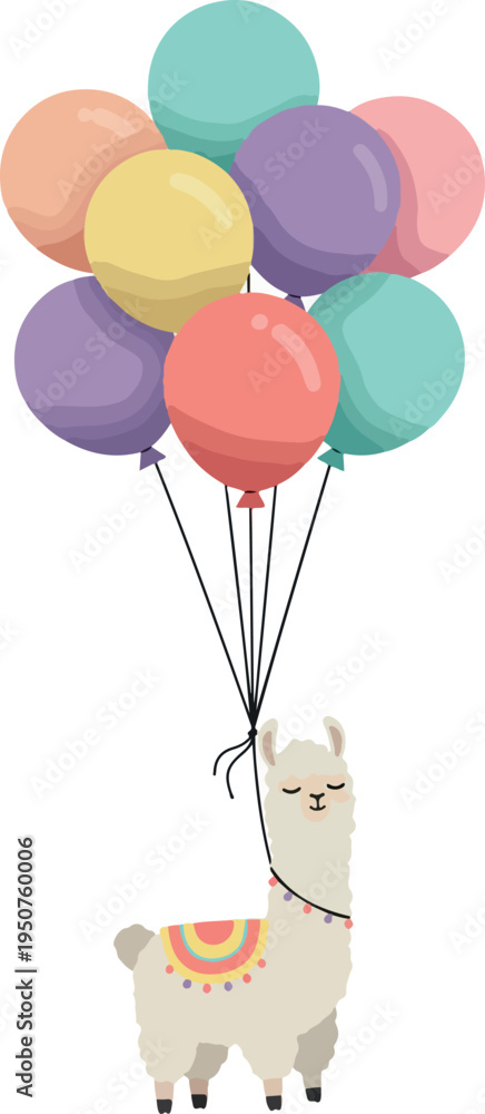 Fototapeta premium Pixel Art Llama Floating With Pastel Balloons Isolated Fun