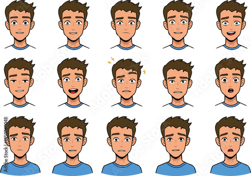 Pixel Art Male Avatar Faces Expressions Set Blue Shirt White Background