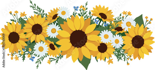 Summer Sunflower Daisy Border with Green Leaves and Blue Accents Flat Design