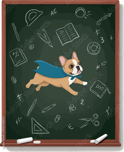 Superhero French Bulldog Flying on Chalkboard with School Supplies Vector Art