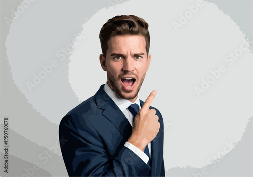 Surprised Man In Dark Blue Suit Points To Side With Open Mouth And Wide Eyes