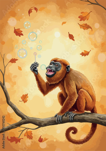 Playful Monkey Blowing Bubbles on Tree Branch Autumn Warm Hues