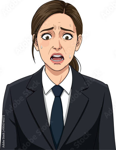 Terrified Woman In Black Business Suit White Shirt Dark Tie Isolated