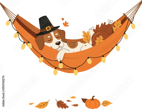 Thanksgiving Dog Napping in Hammock with Pumpkin Leaves Lights