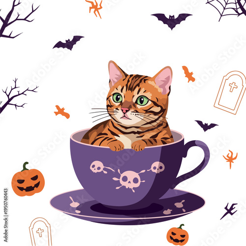 Pixel Art Orange Tabby Cat in Purple Skull Cup Halloween Vector