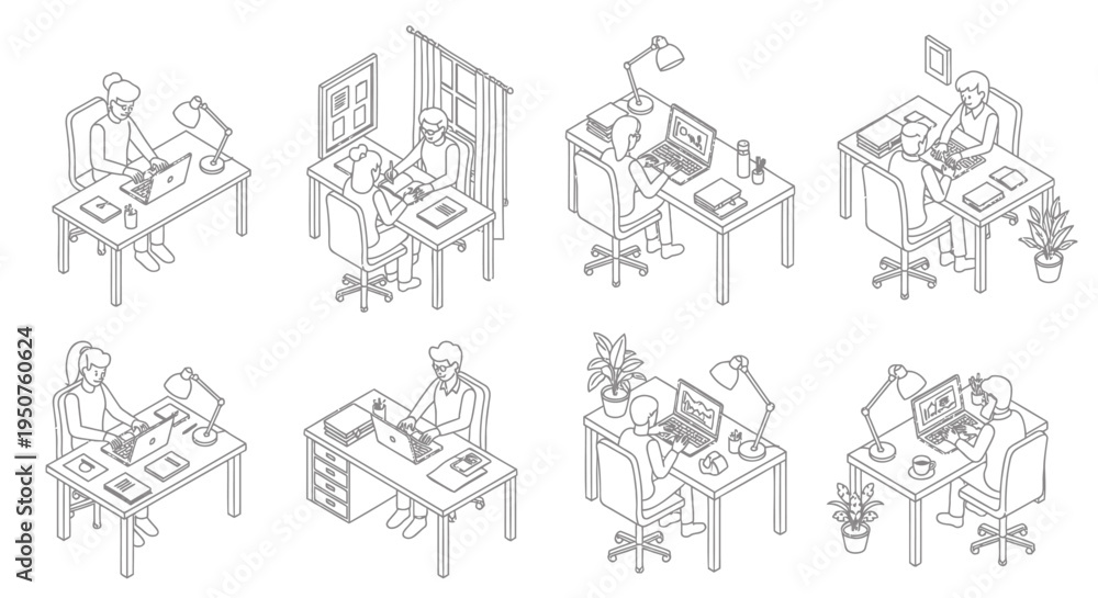 Obraz premium Set of 8 office workers vector illustrations