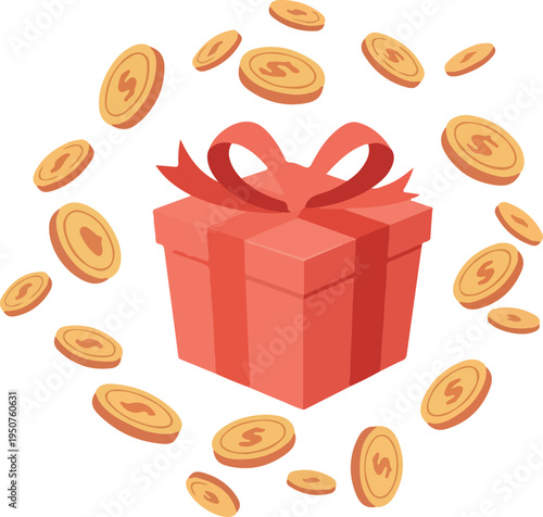 Red Gift Box with Floating Gold Coins Flat Design Vector