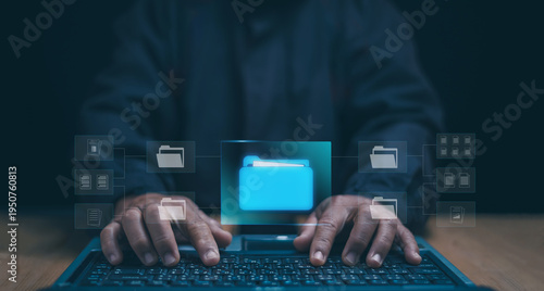 Digital document management concept. Virtual folders and files connected through network interface above laptop. Data organization, file storage, information management and digital data workflow.