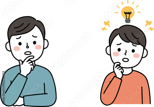 Two Men Thinking Bulb Idea Concept Vector Minimalist Illustration