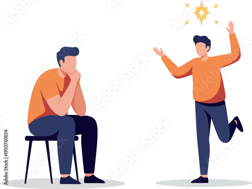 Two Men One Sitting Contemplating Other Jumping Joyfully With Star Above