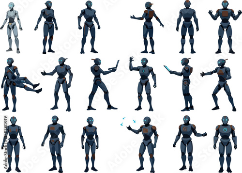 Robot Sci Fi Character Set Blue Orange Grey Flat Design
