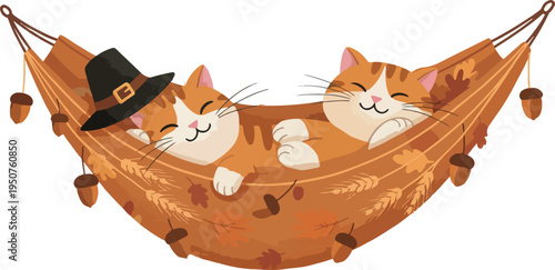 Two Orange Cats Relaxing in Autumn Hammock Wearing Pilgrim Hat