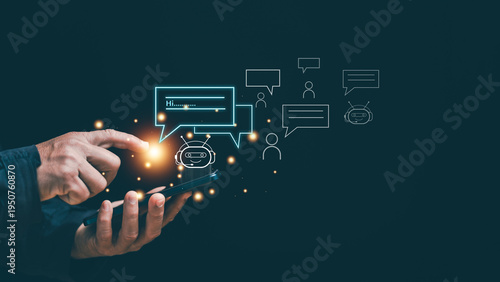 AI chatbot customer support concept. Digital ai chat interface on smartphone in human hands. conversational AI, automated customer service, online communication and intelligent support technology.