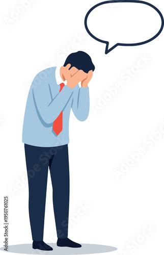 Sad Businessman Holding Head with Speech Bubble White Background Flat Design