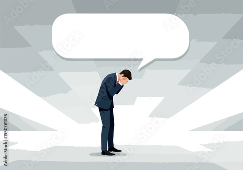 Sad Businessman In Suit Holding Head With Speech Bubble Vector