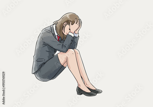 Sad Businesswoman In Gray Suit Crouching Despair Isolated Light Background