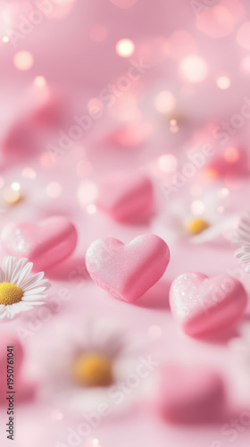 Pink background, pink heart-shaped candies, and small white daisies scattered on the ground