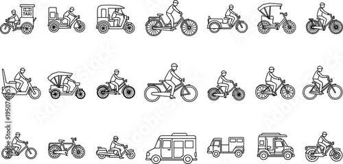 Public and local transport line icons set featuring rickshaw taxi bicycle motorcycle delivery van and commuter vehicle illustration.
