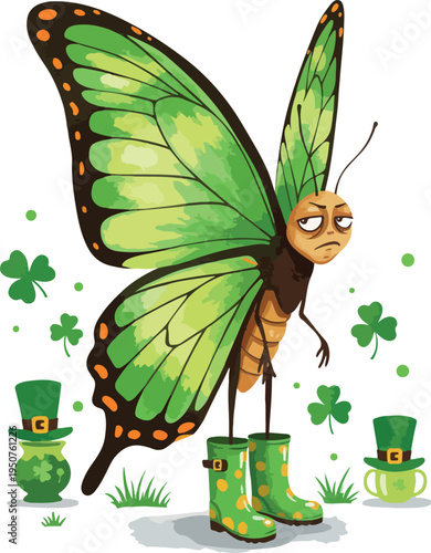 Sad Green Butterfly in Rain Boots with St Patricks Day Hats