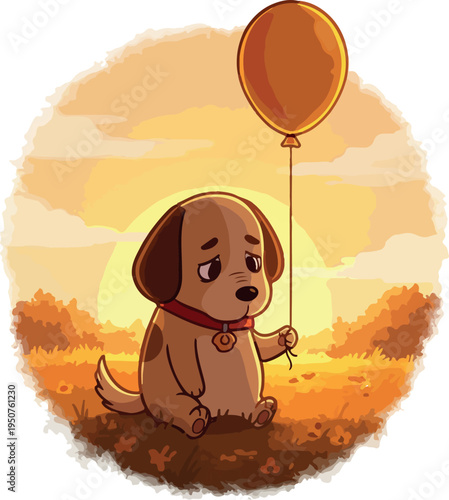 Sad Dog With Balloon At Sunset Pixel Art Warm Tones