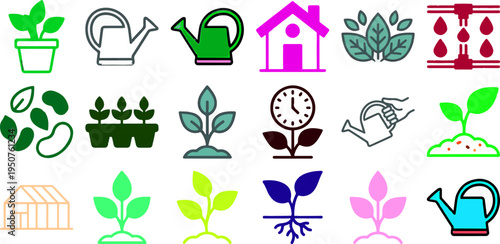 Colorful gardening and plant icons set with watering can seedlings leaves growth symbols vector collection for agriculture nature organic farming design elements

