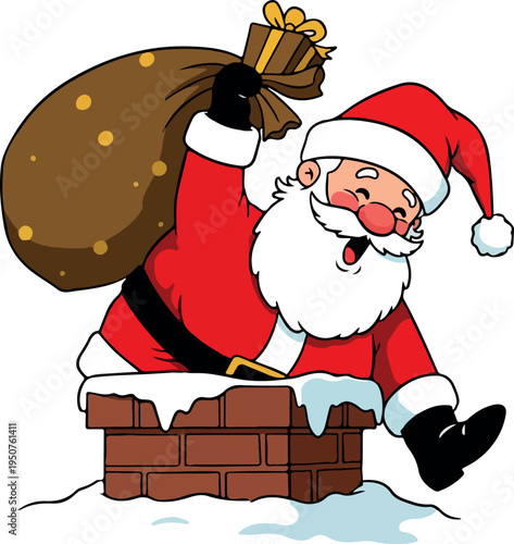 Santa Claus Climbing Chimney Carrying Gift Bag Red Suit Christmas Winter Holiday