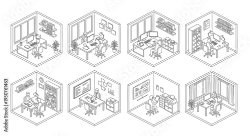 Set of 8 office workspace vector illustrations